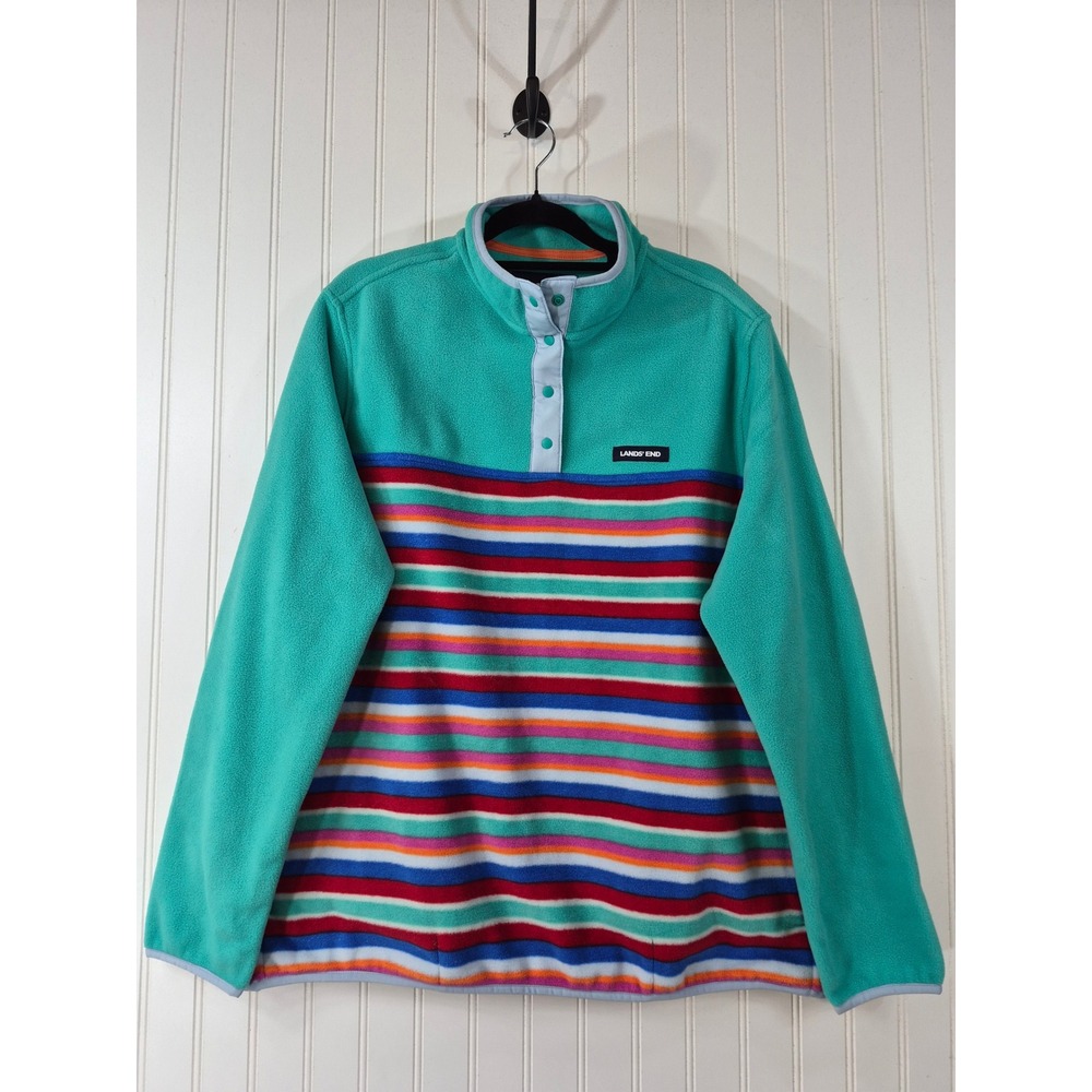 Lands End Womens XL Teal Striped Fleece Snap Neck Pullover Sweater Colorful Cozy